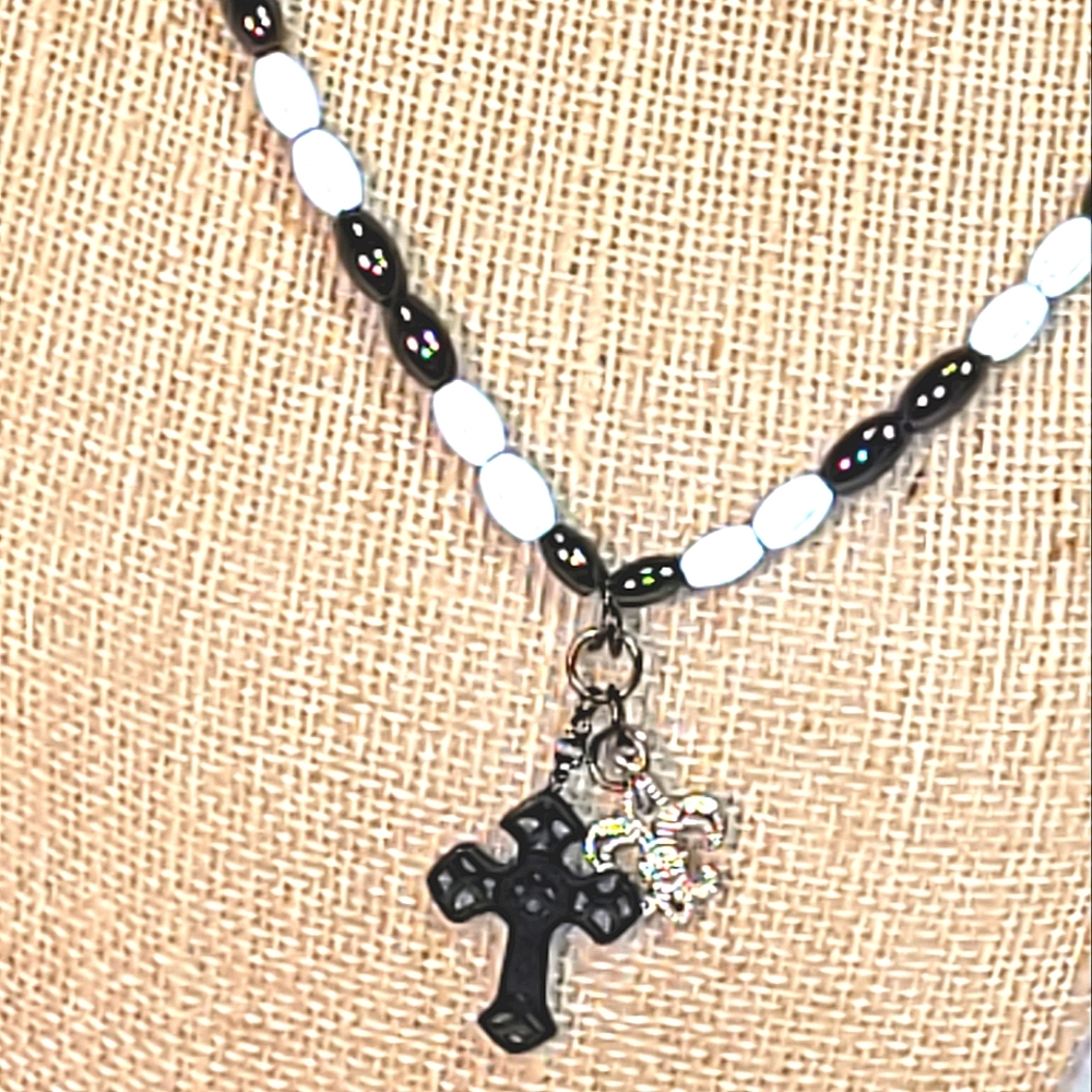 Awesome Fleur-de-lis & Cross on Hematite Necklace